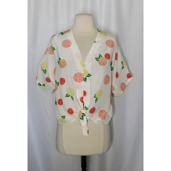 NWT!! RAILS Thea Citrus Print Silk Tie Front Top Blouse Button Down X-Small - Picture 3 of 16